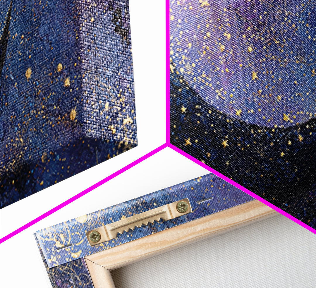 Crescent Moon Cradling a Cluster of Stars Framed Canvas Print, Celestial Art, Contemporary Art, Living Room Decor, Celestial, CEL-2x1-45