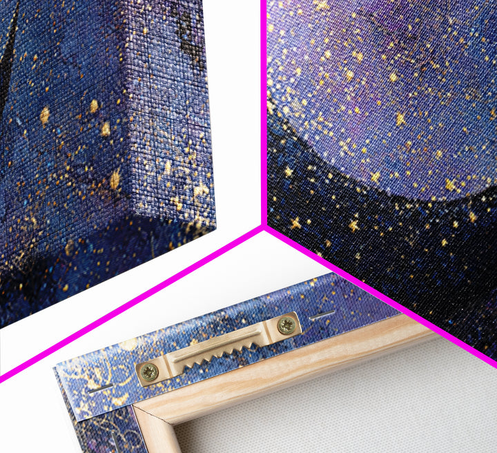 Crescent Moon Cradling a Cluster of Stars Framed Canvas Print, Celestial Art, Contemporary Art, Living Room Decor, Celestial, CEL-2x1-45