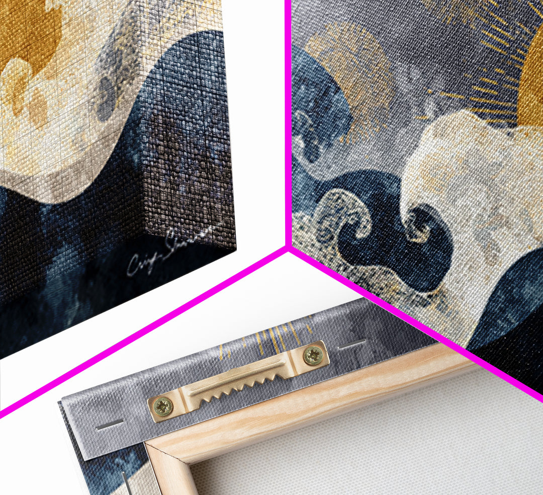 Golden Sun over Abstract Ocean Waves Framed Canvas Print, Celestial Art, Art Nouveau Decor, Living Room Decor, Celestial, CEL-2x1-67