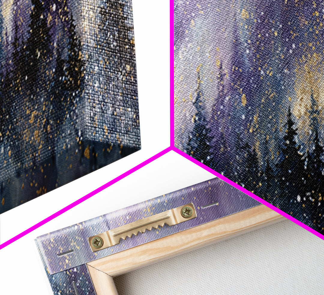 Aurora Borealis over Snowy Pines Framed Canvas Print, Celestial Art, Retro Wall Art, Living Room Decor, Fine Art, Celestial, CEL-3x1-57