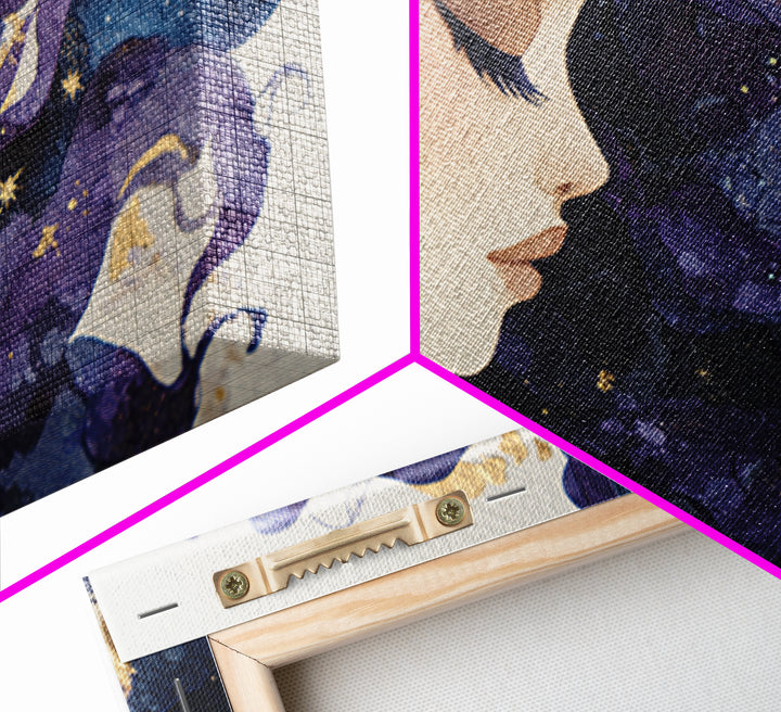 Celestial Goddess with Flowing Midnight Hair Canvas Print, Celestial Art, Neutral Decor, Living Room Decor, Fine Art, Celestial, CEL-3x2-83
