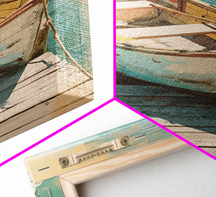 Small Rowboat Tied to a Wooden Dock Framed Canvas Print, Coastal Art, Gallery Decor, Coastal Decor, Fine Art, Coastal, COA-1x1-67