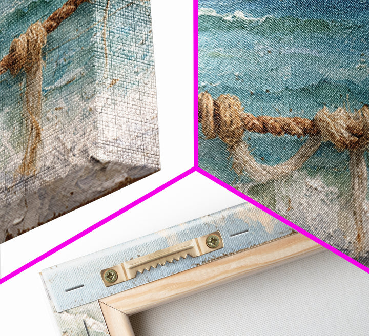 Weathered Nautical Rope and Brass Compass Framed Canvas Print, Coastal Art, Coastal Decor, Oil Painting, Coastal, COA-2x1-35