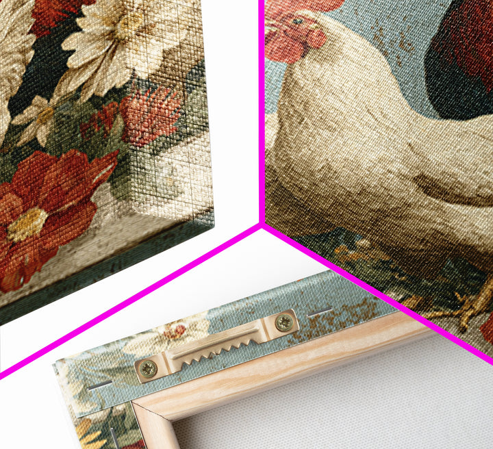 Chickens Pecking Near Garden Flowers Canvas Print, Country Art, Digital Art Prints, Farmhouse Decor, Fine Art, Country, COU-1x1-14