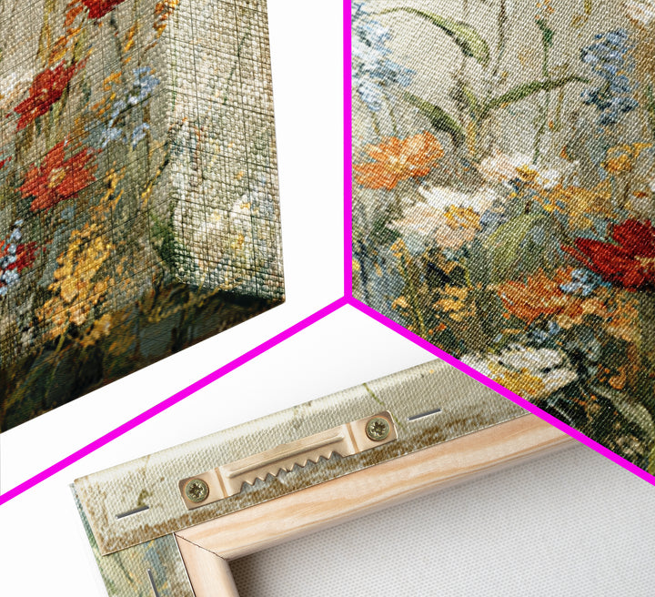 Wildflower Meadow Beside an Old Fence Framed Canvas Print, Country Art, Watercolor Painting, Farmhouse Decor, Oil Painting, COU-1x1-2