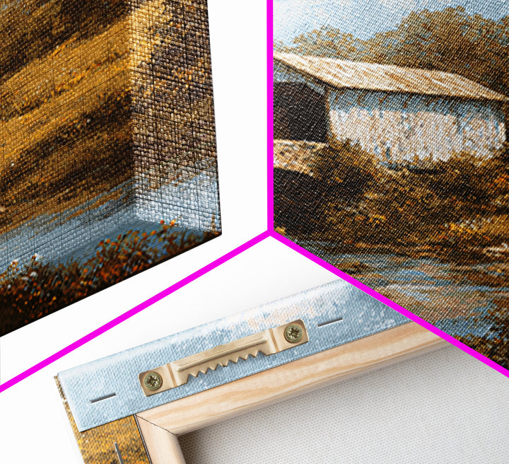 Covered Bridge over a Quiet Creek Framed Canvas Print, Country Art, Watercolor Painting, Farmhouse Decor, Fine Art, Country, COU-1x1-39