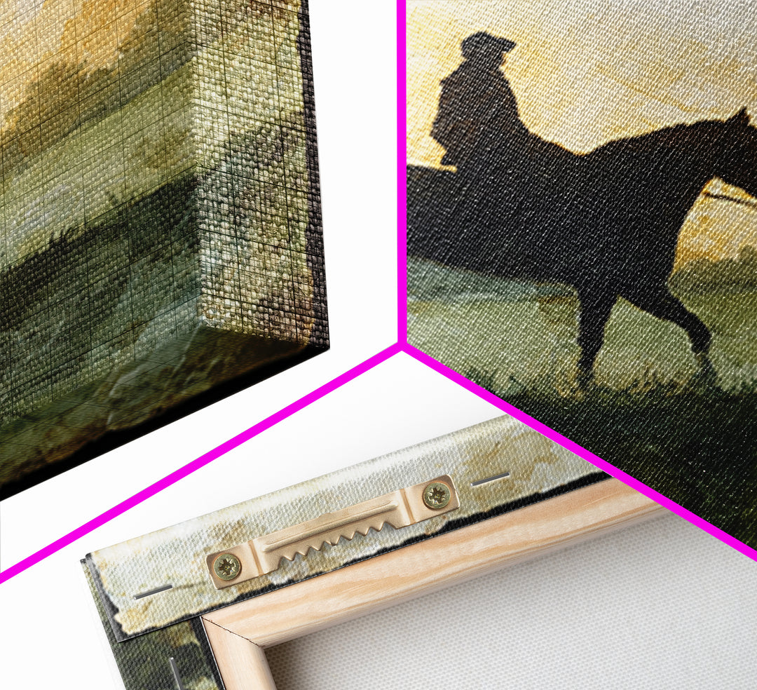 Horse and Rider Silhouette at Dusk Framed Canvas Print, Country Art, Gallery Decor, Farmhouse Decor, Fine Art, Country, COU-1x1-41