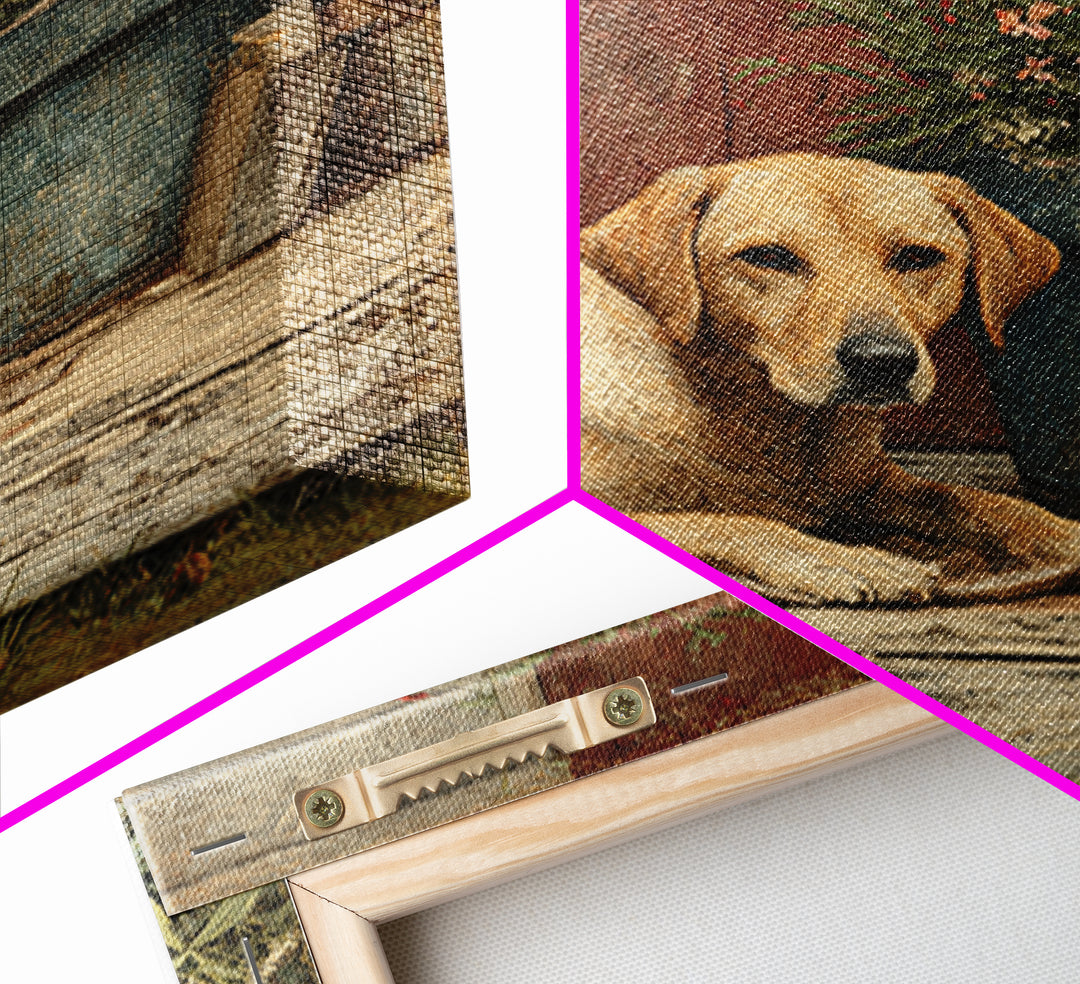 Dog Resting Beside a Porch Flower Pot Framed Canvas Print, Country Art, Landscape Painting, Farmhouse Decor, Oil Painting, COU-1x1-46