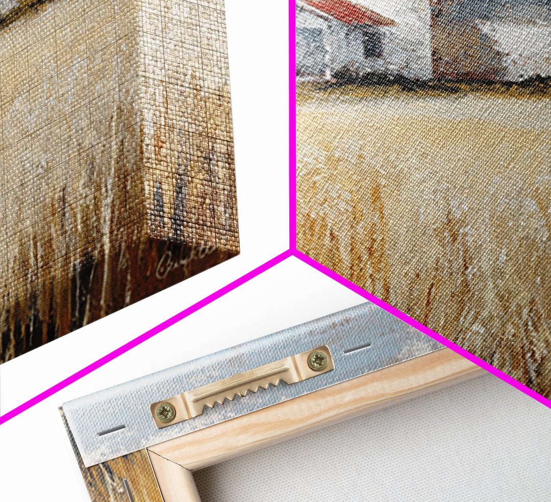 White Farmhouse Surrounded by Tall Grass Framed Canvas Print, Country Art, French Country, Farmhouse Decor, Watercolor Art, COU-1x1-58