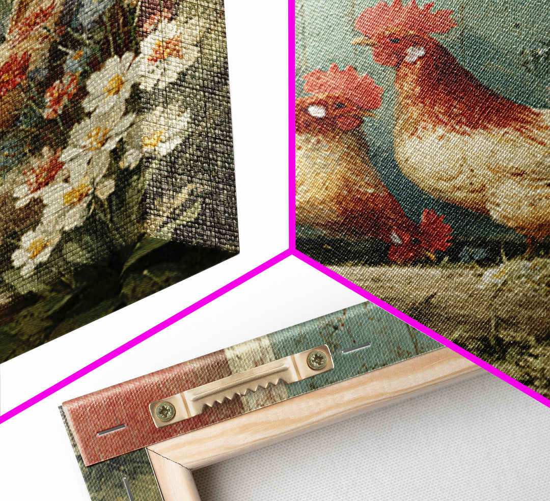 Chickens Pecking Near Garden Flowers Framed Canvas Print, Country Art, Farmhouse Wall Art, Farmhouse Decor, Fine Art, Country, COU-1x1-62