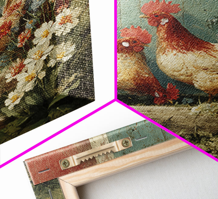 Chickens Pecking Near Garden Flowers Framed Canvas Print, Country Art, Farmhouse Wall Art, Farmhouse Decor, Fine Art, Country, COU-1x1-62