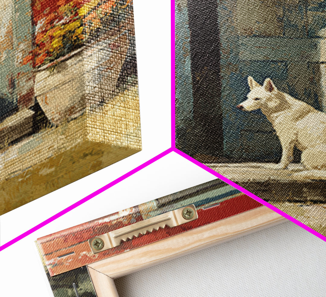 Dog Resting Beside a Porch Flower Pot Framed Canvas Print, Country Art, Landscape Painting, Farmhouse Decor, Oil Painting, COU-1x1-70