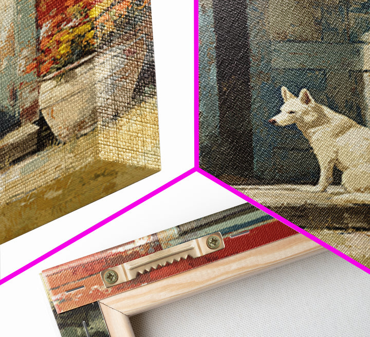 Dog Resting Beside a Porch Flower Pot Framed Canvas Print, Country Art, Landscape Painting, Farmhouse Decor, Oil Painting, COU-1x1-70