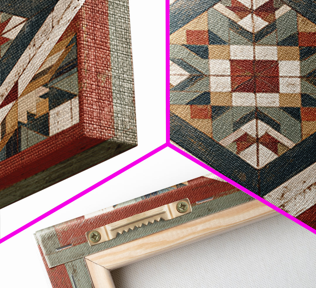 Quilt Geometric Folk Pattern Framed Canvas Print, Country Art, French Country, Farmhouse Decor, Fine Art, Country, Luxury Decor, COU-1x1-84