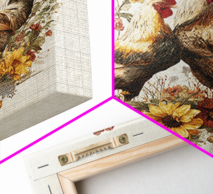 Chickens Pecking Near Garden Flowers Canvas Print, Country Art, Neutral Decor, Farmhouse Decor, Oil Painting, Country, COU-1x1-86