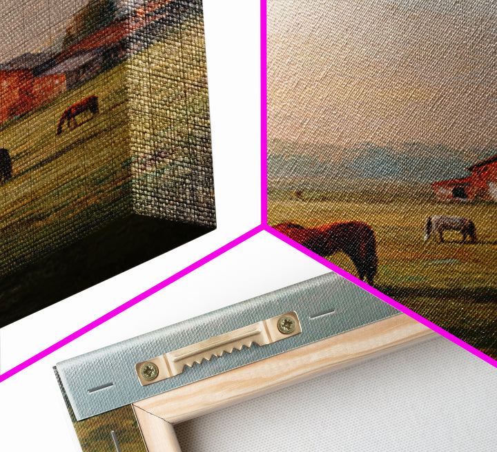 Rolling Pasture with Grazing Horses at Sunrise Canvas Print, Country Art, Wall Art, Farmhouse Decor, Oil Painting, Country, COU-1x1-97