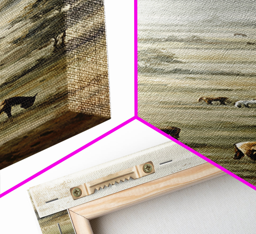 Rolling Pasture with Grazing Horses at Sunrise Framed Canvas Print, Country Art, Textured Painting, Farmhouse Decor, Country, COU-1x3-61