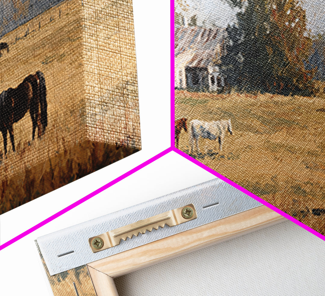 Rolling Pasture with Grazing Horses at Sunrise Canvas Print, Country Art, Wall Art, Farmhouse Decor, Oil Painting, Country, COU-2x1-21