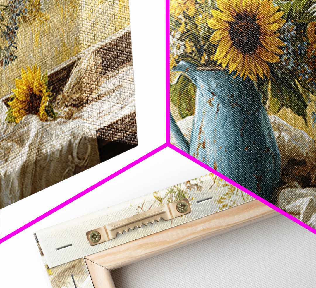 Sunflowers in a Blue Enamel Pitcher Canvas Print, Country Art, Boho Decor, Farmhouse Decor, Oil Painting, Country, Art Prints, COU-2x1-4