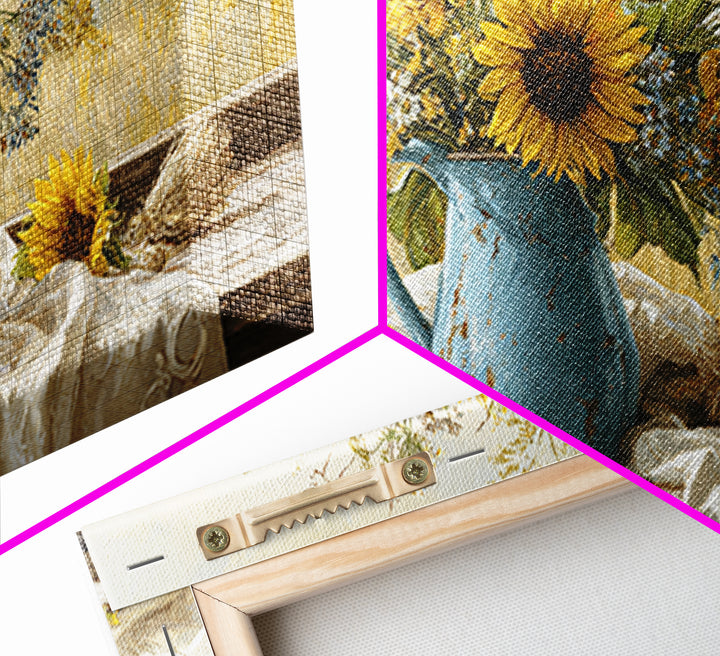 Sunflowers in a Blue Enamel Pitcher Canvas Print, Country Art, Boho Decor, Farmhouse Decor, Oil Painting, Country, Art Prints, COU-2x1-4