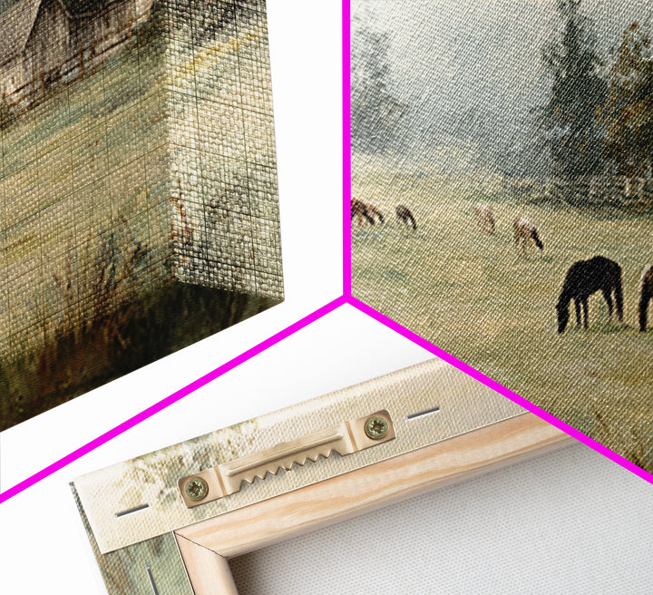 Rolling Pasture with Grazing Horses at Sunrise Framed Canvas Print, Country Art, Art Print, Farmhouse Decor, Fine Art, Country, COU-2x1-45