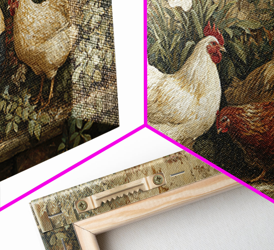 Chickens Pecking Near Garden Flowers Canvas Print, Country Art, Wall Art, Farmhouse Decor, Watercolor Art, Country, COU-2x1-58