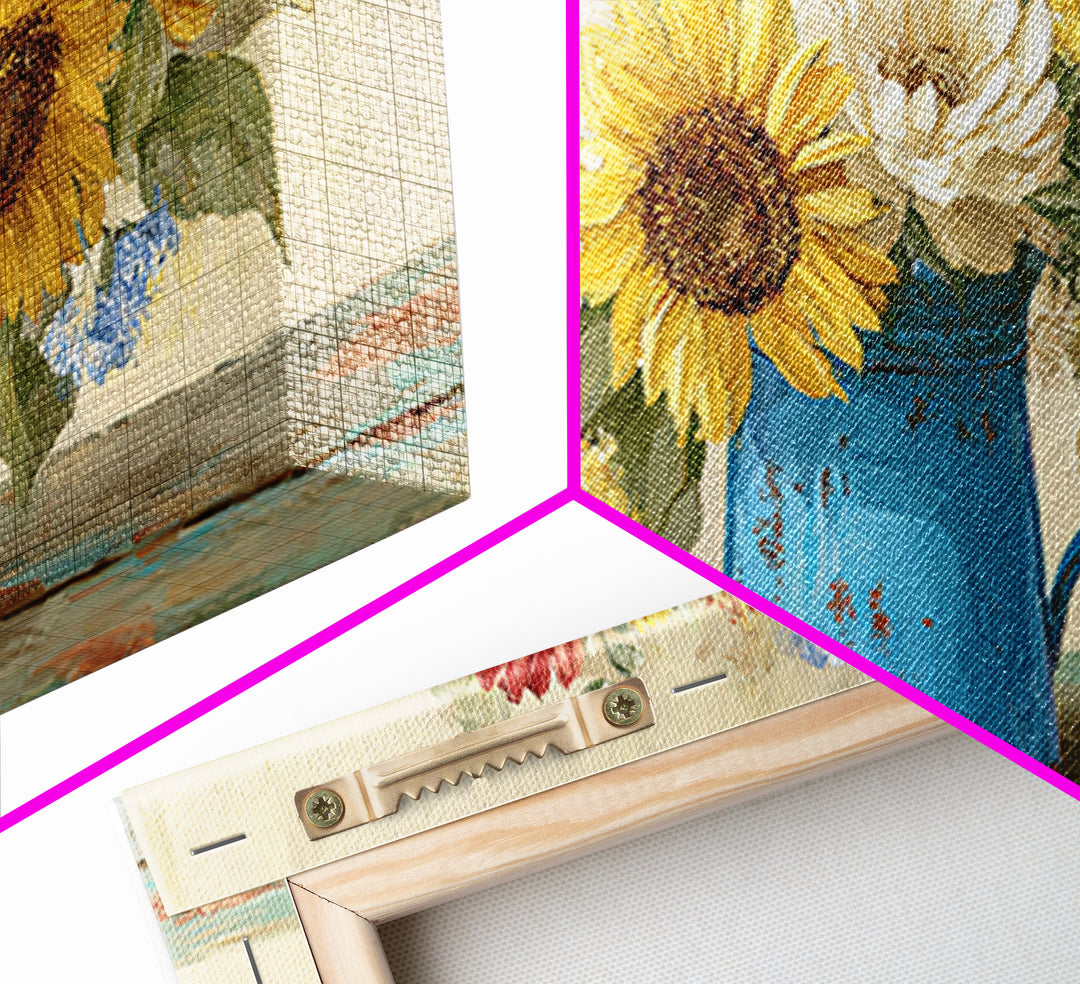 Sunflowers in a Blue Enamel Pitcher Canvas Print, Country Art, Farmhouse Decor, Country, Gallery Wall Art, Landscape Wall Art, COU-2x1-76