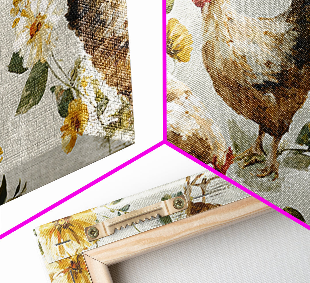 Chickens Pecking Near Garden Flowers Canvas Print, Country Art, Wall Art, Farmhouse Decor, Watercolor Art, Country, COU-2x1-82