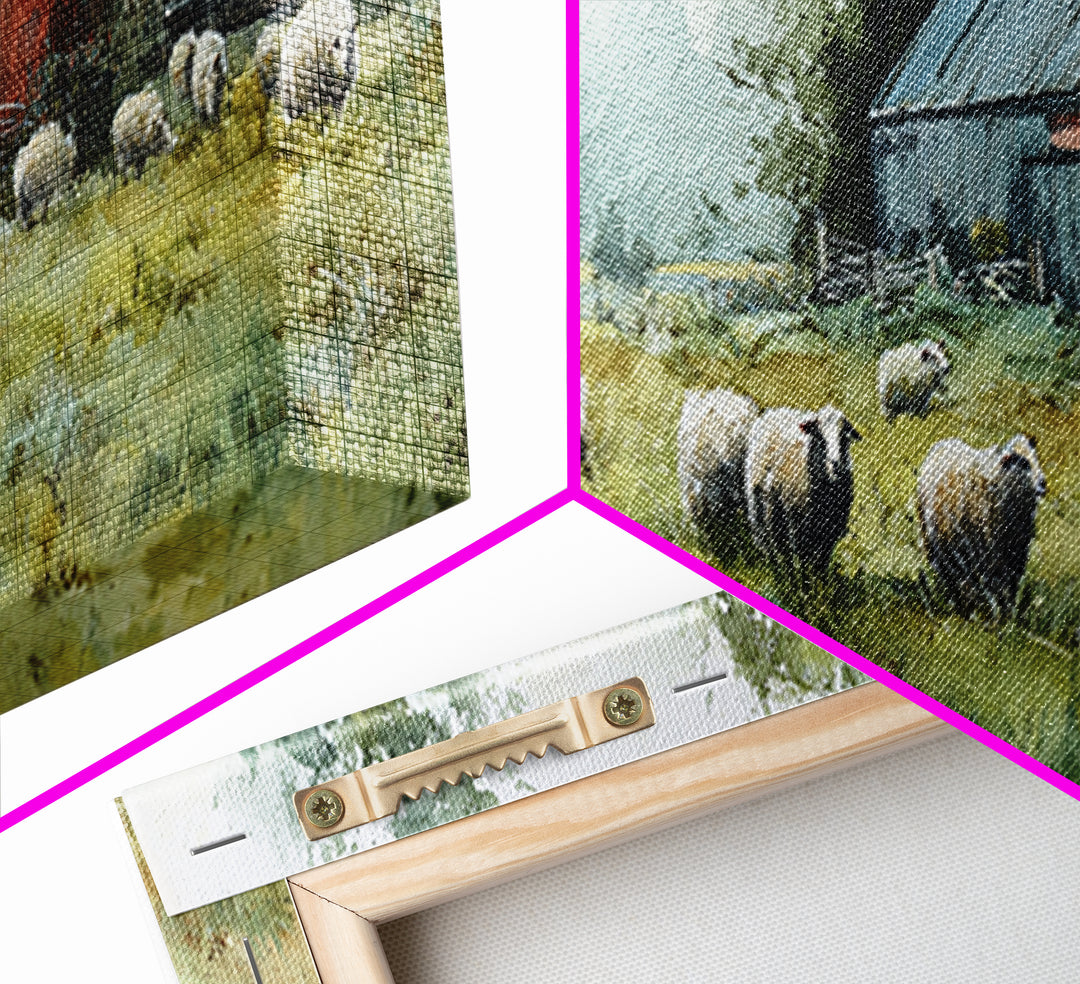 Watercolor Sheep in a Green Pasture Framed Canvas Print, Country Art, Gallery Wall Art, Farmhouse Decor, Fine Art, Country, COU-3x1-15
