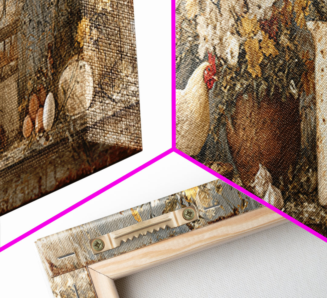 Chickens Pecking Near Garden Flowers Canvas Print, Country Art, Wall Art, Farmhouse Decor, Watercolor Art, Country, COU-3x1-30