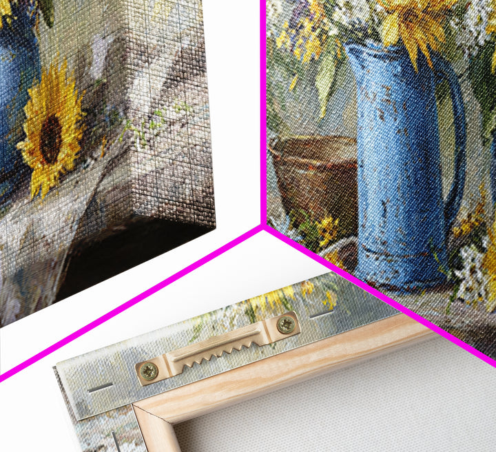 Sunflowers in a Blue Enamel Pitcher Canvas Print, Country Art, Luxury Decor, Farmhouse Decor, Fine Art, Country, COU-3x1-48