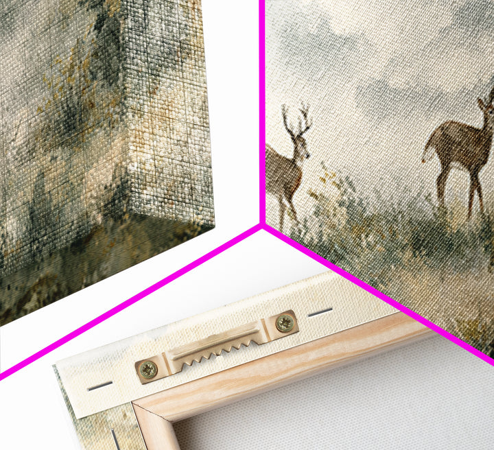 Deer Crossing a Misty Morning Field Framed Canvas Print, Country Art, Digital Prints, Farmhouse Decor, Fine Art, Country, COU-3x1-51