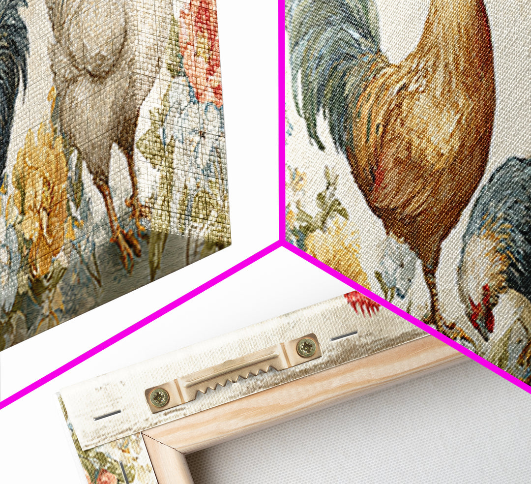 Chickens Pecking Near Garden Flowers Canvas Print, Country Art, Landscape Painting, Farmhouse Decor, Watercolor Art, Country, COU-3x1-54