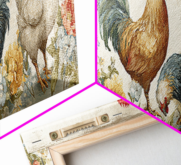 Chickens Pecking Near Garden Flowers Canvas Print, Country Art, Landscape Painting, Farmhouse Decor, Watercolor Art, Country, COU-3x1-54