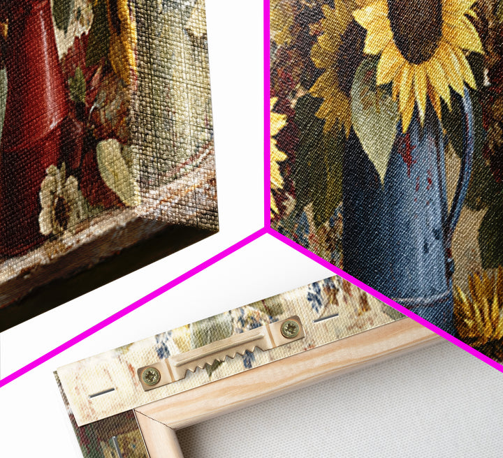 Sunflowers in a Blue Enamel Pitcher Framed Canvas Print, Country Art, Wall Art, Farmhouse Decor, Fine Art, Country, COU-3x1-72