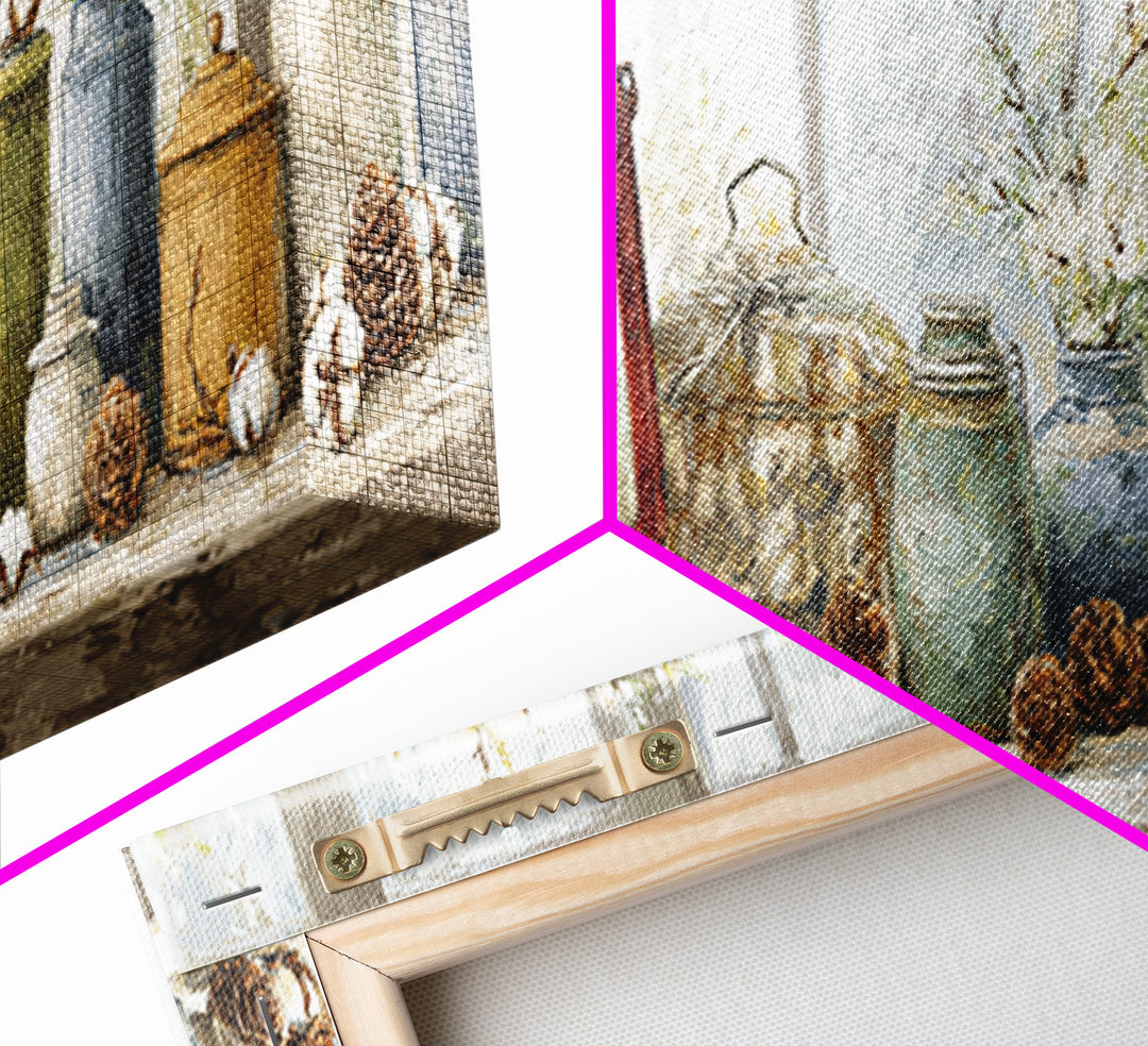 Old Lantern and Pinecones Still Life Canvas Print, Country Art, Minimalist Decor, Farmhouse Decor, Oil Painting, Country, COU-3x1-88