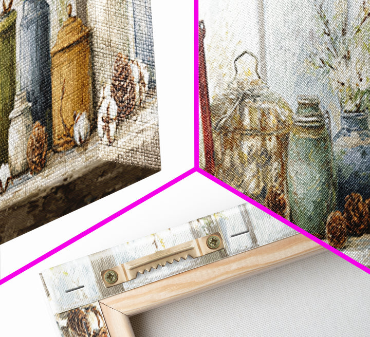 Old Lantern and Pinecones Still Life Canvas Print, Country Art, Minimalist Decor, Farmhouse Decor, Oil Painting, Country, COU-3x1-88