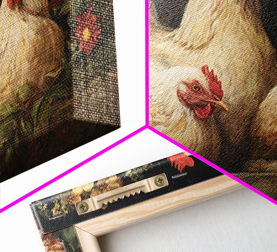 Chickens Pecking Near Garden Flowers Framed Canvas Print, Country Art, Farmhouse Decor, Watercolor Art, Country, COU-3x2-18