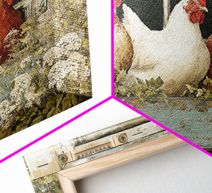 Chickens Pecking Near Garden Flowers Canvas Print, Country Art, Printable Art, Farmhouse Decor, Watercolor Art, Country, COU-3x2-42