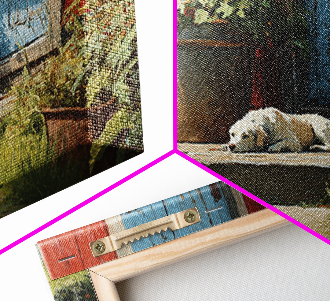 Dog Resting Beside a Porch Flower Pot Framed Canvas Print, Country Art, Farmhouse Decor, Fine Art, Country, Gallery Wall Art, COU-3x2-50