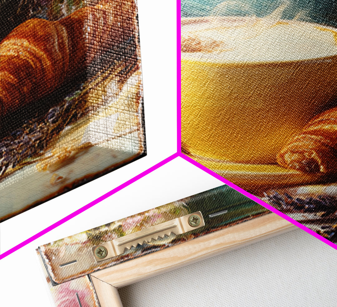 Croissant and Cappuccino on Striped Cloth Framed Canvas Print, Coffee Shop Art, Textured Painting, Cafe Decor, Fine Art, Cafe, CSA-1x1-53