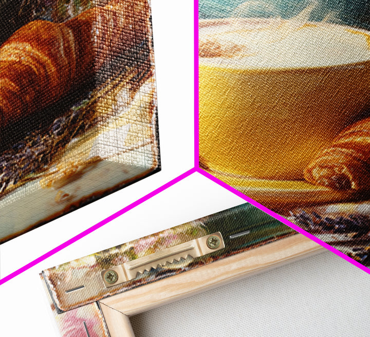 Croissant and Cappuccino on Striped Cloth Framed Canvas Print, Coffee Shop Art, Textured Painting, Cafe Decor, Fine Art, Cafe, CSA-1x1-53