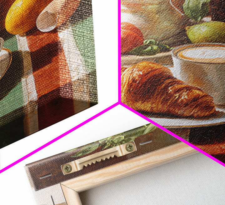 Croissant and Cappuccino on Striped Cloth Canvas Print, Coffee Shop Art, Wall Decor, Cafe Decor, Fine Art, Cafe, Kitchen Gift, CSA-1x1-77