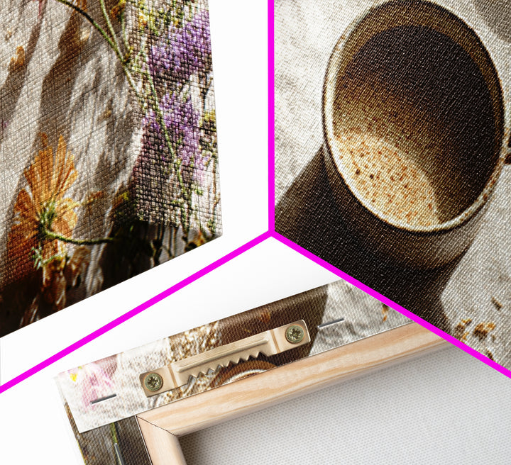 Ceramic Mug with Wildflowers Around It Framed Canvas Print, Coffee Shop Art, Digital Wall Art, Cafe Decor, Fine Art, Cafe, CSA-2x1-60