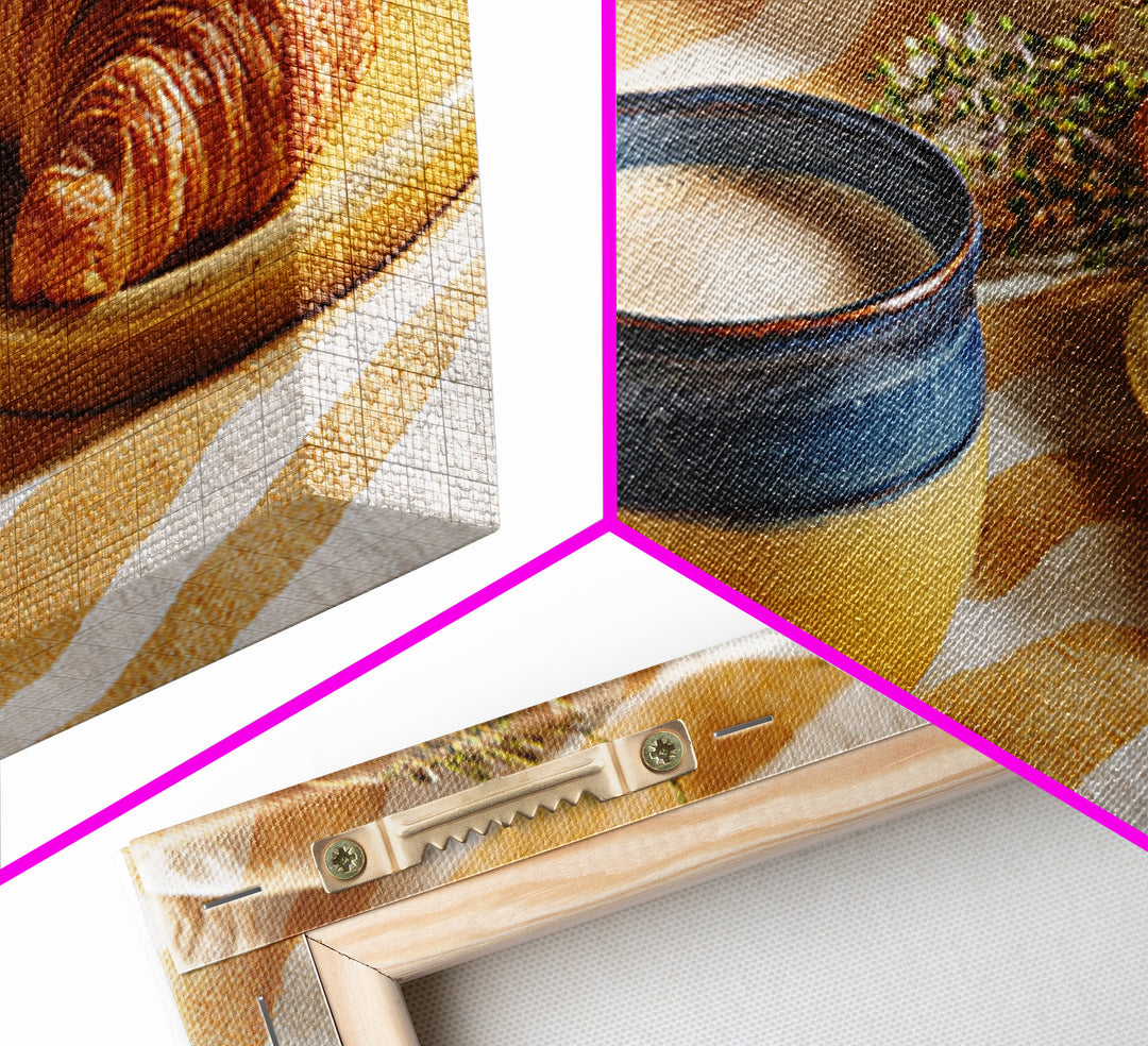 Croissant and Cappuccino on Striped Cloth Framed Canvas Print, Coffee Shop Art, Canvas Print, Cafe Decor, Fine Art, Cafe, CSA-2x1-97