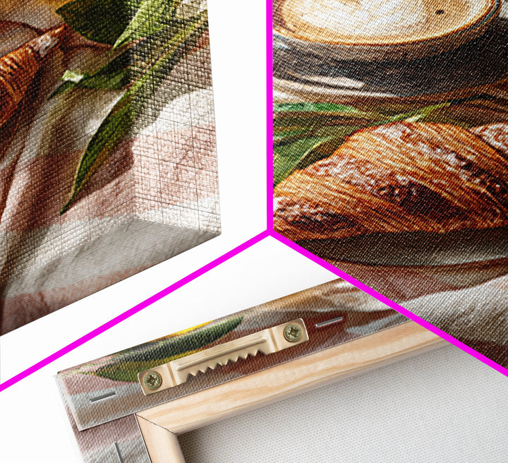 Croissant and Cappuccino on Striped Cloth Canvas Print, Coffee Shop Art, Dark Academia Decor, Cafe Decor, Fine Art, Cafe, CSA-2x3-61