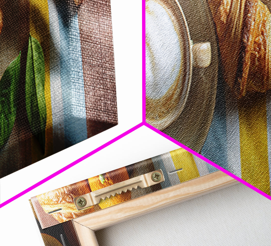 Croissant and Cappuccino on Striped Cloth Framed Canvas Print, Coffee Shop Art, Gallery Decor, Cafe Decor, Fine Art, Cafe, CSA-3x1-69