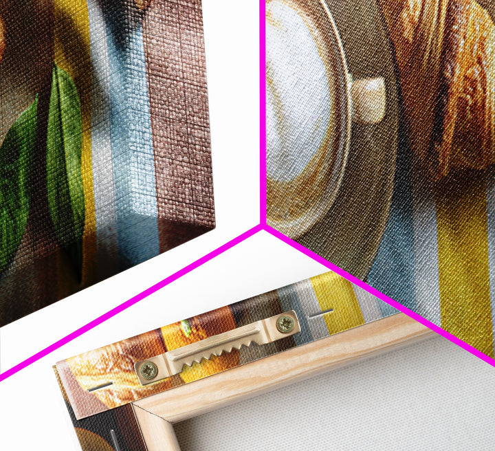 Croissant and Cappuccino on Striped Cloth Framed Canvas Print, Coffee Shop Art, Gallery Decor, Cafe Decor, Fine Art, Cafe, CSA-3x1-69