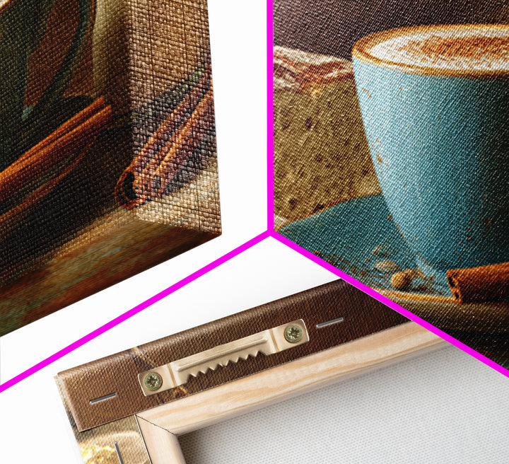 Cinnamon Sticks and Cappuccino Foam Still Life Framed Canvas Print, Coffee Shop Art, Bedroom Wall Art, Cafe Decor, Cafe, CSA-3x2-28
