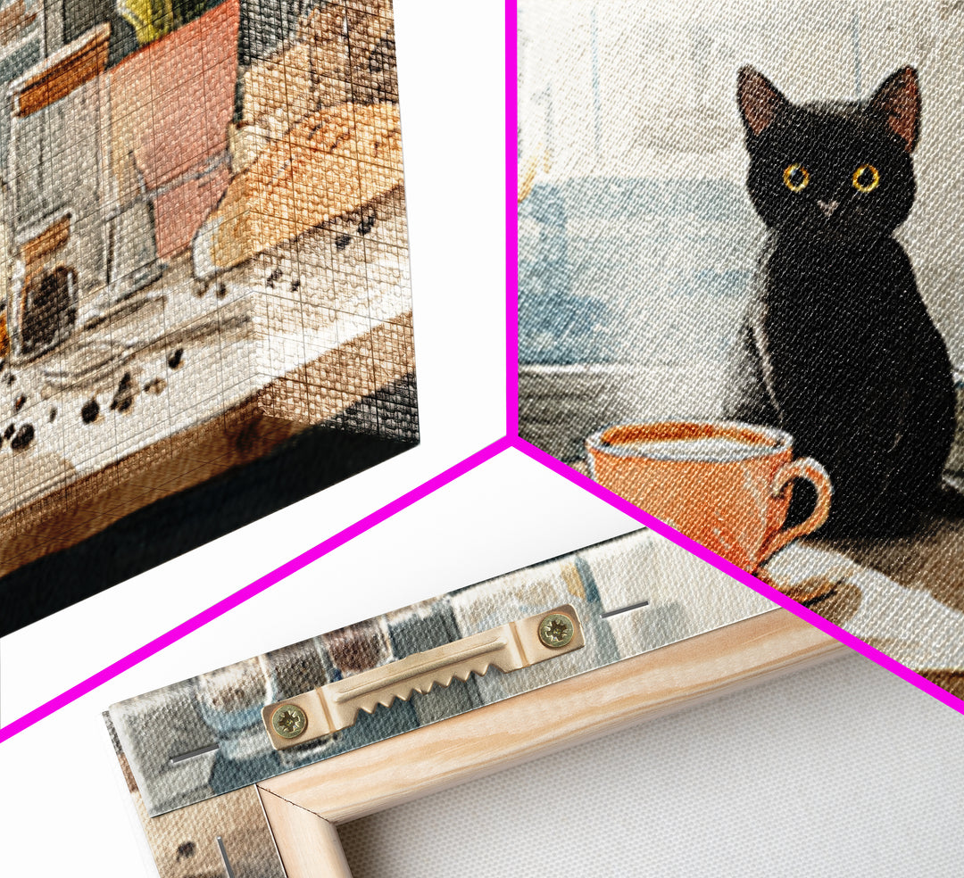 Black Cat Beside a Steaming Cup Canvas Print, Coffee Shop Art, Canvas Print, Cafe Decor, Fine Art, Cafe, Neutral Decor, CSA-3x2-42
